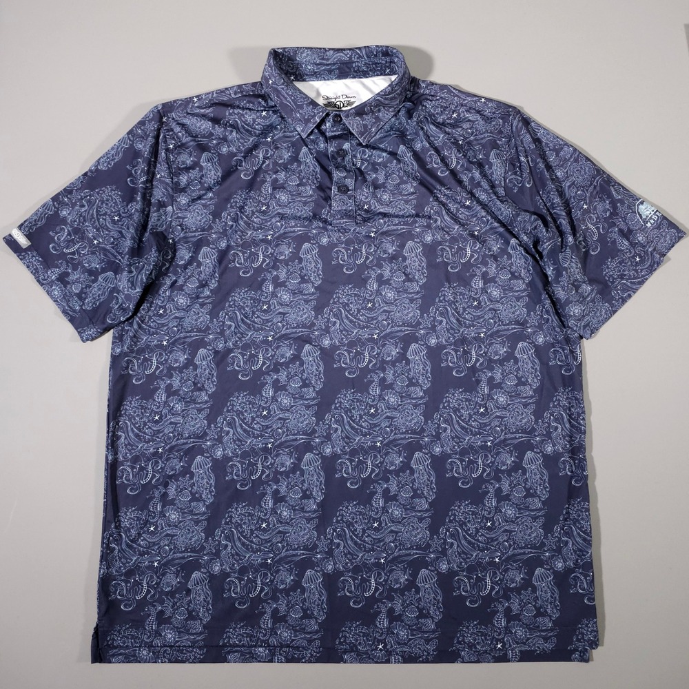 Straight Down Golf Polo Mens XXL Navy Blue Sea Life Print Maderas Performance